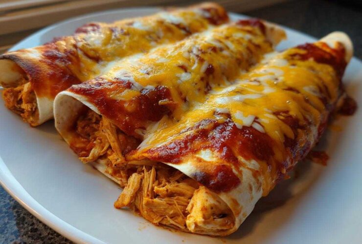 Three rolled Joanna Gaines Enchiladas covered in red sauce and melted cheddar and Monterey Jack cheese on a white plate.
