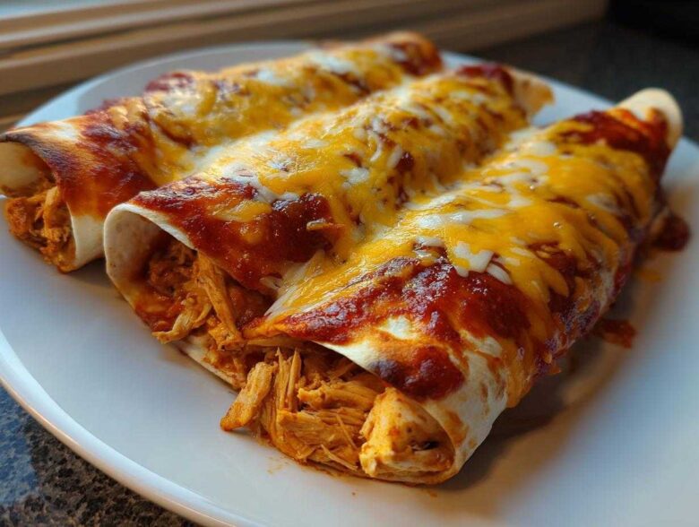 Three rolled Joanna Gaines Enchiladas covered in red sauce and melted cheddar and Monterey Jack cheese on a white plate.