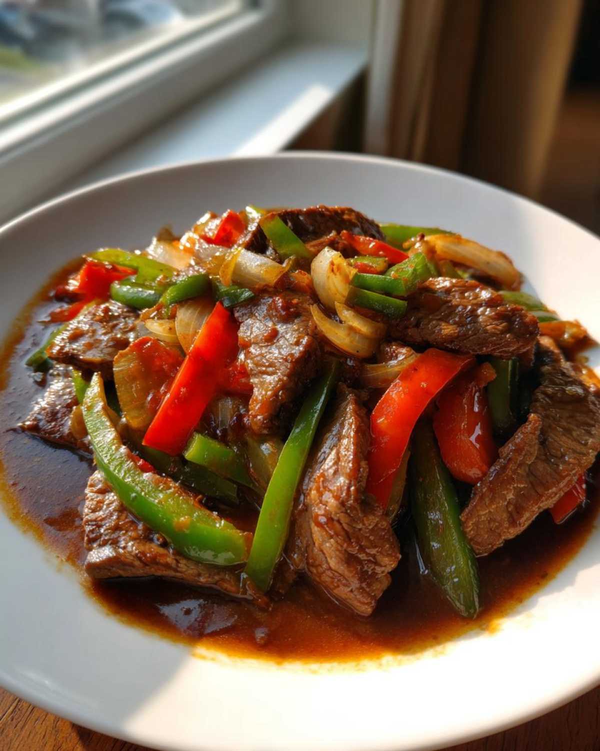 Close-up of Keto Beef Pepper Steak featuring strips of beef, green peppers, red peppers, and onions in a rich brown sauce.