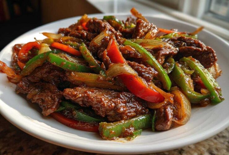 A close-up of a serving of Keto Beef Pepper Steak featuring glossy, saucy beef strips mixed with vibrant green and red bell peppers and onions.