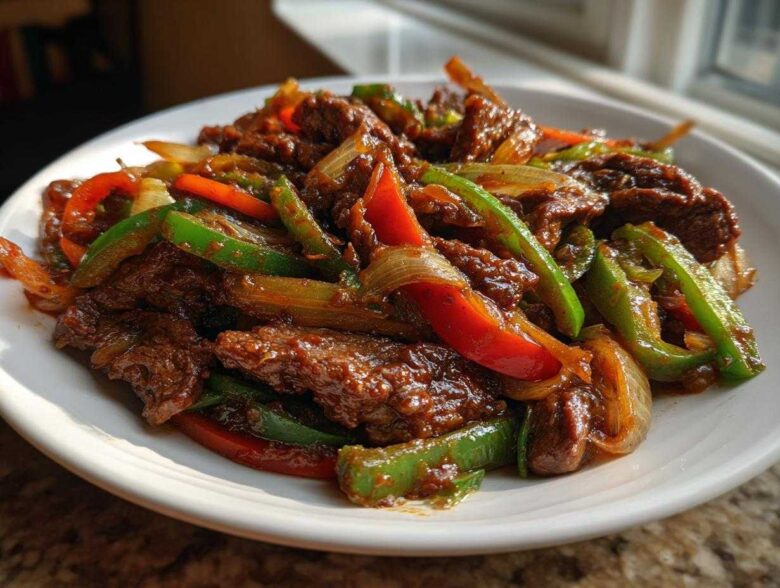 A close-up of a serving of Keto Beef Pepper Steak featuring glossy, saucy beef strips mixed with vibrant green and red bell peppers and onions.