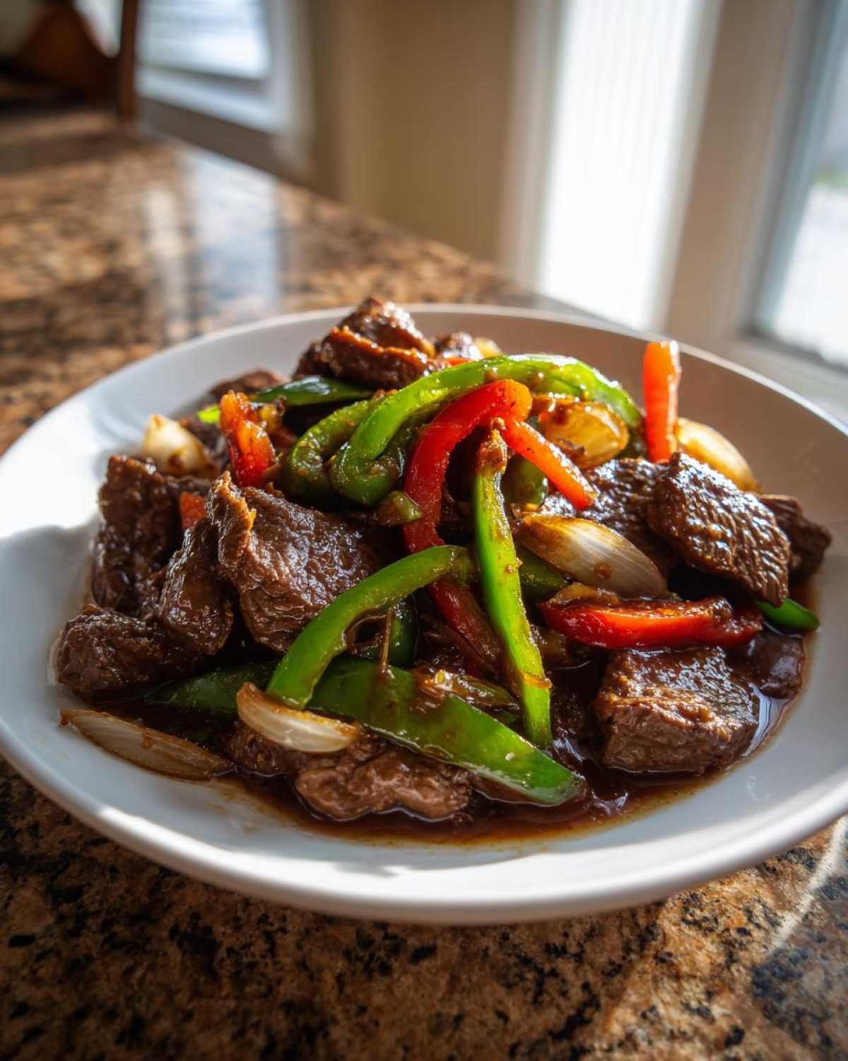 A close-up of a white bowl filled with Keto Beef Pepper Steak, featuring dark beef chunks, vibrant green and red bell peppers, and onions in a savory sauce.