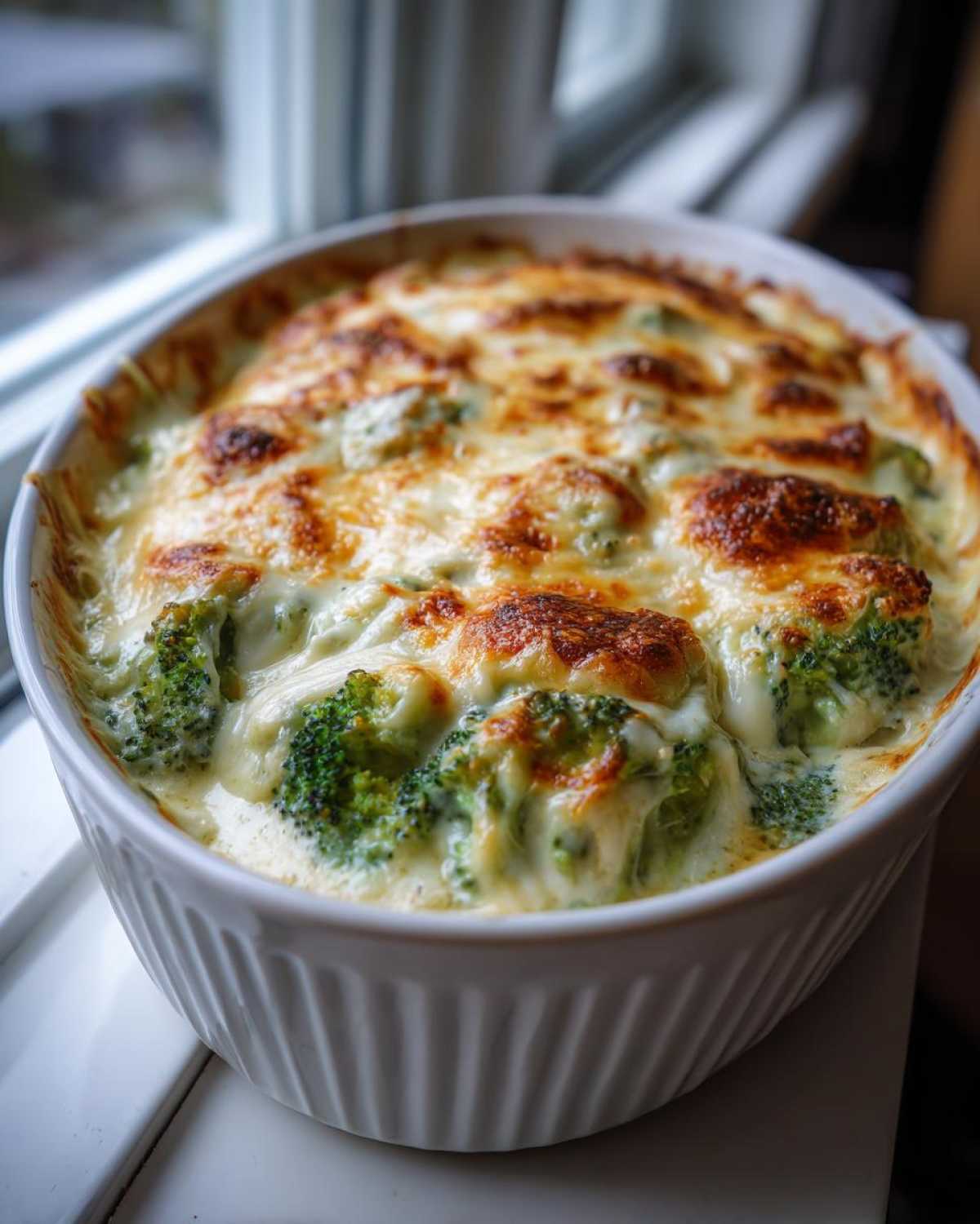 Close-up of a bubbling Keto Broccoli Au Gratin dish topped with melted, browned cheese.