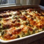 Close-up of a bubbling Keto Broccoli Au Gratin with a golden-brown, melted cheese topping in a white baking dish.