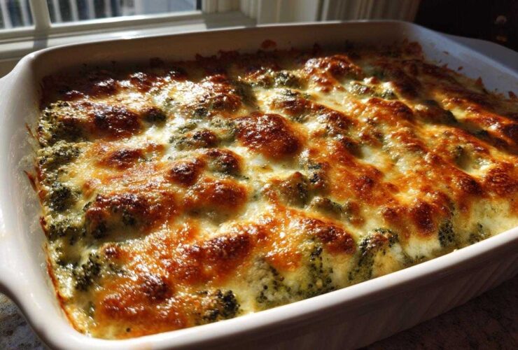 Close-up of a bubbling Keto Broccoli Au Gratin with a golden-brown, melted cheese topping in a white baking dish.