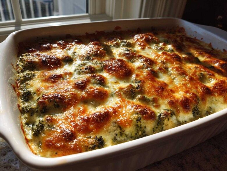 Close-up of a bubbling Keto Broccoli Au Gratin with a golden-brown, melted cheese topping in a white baking dish.