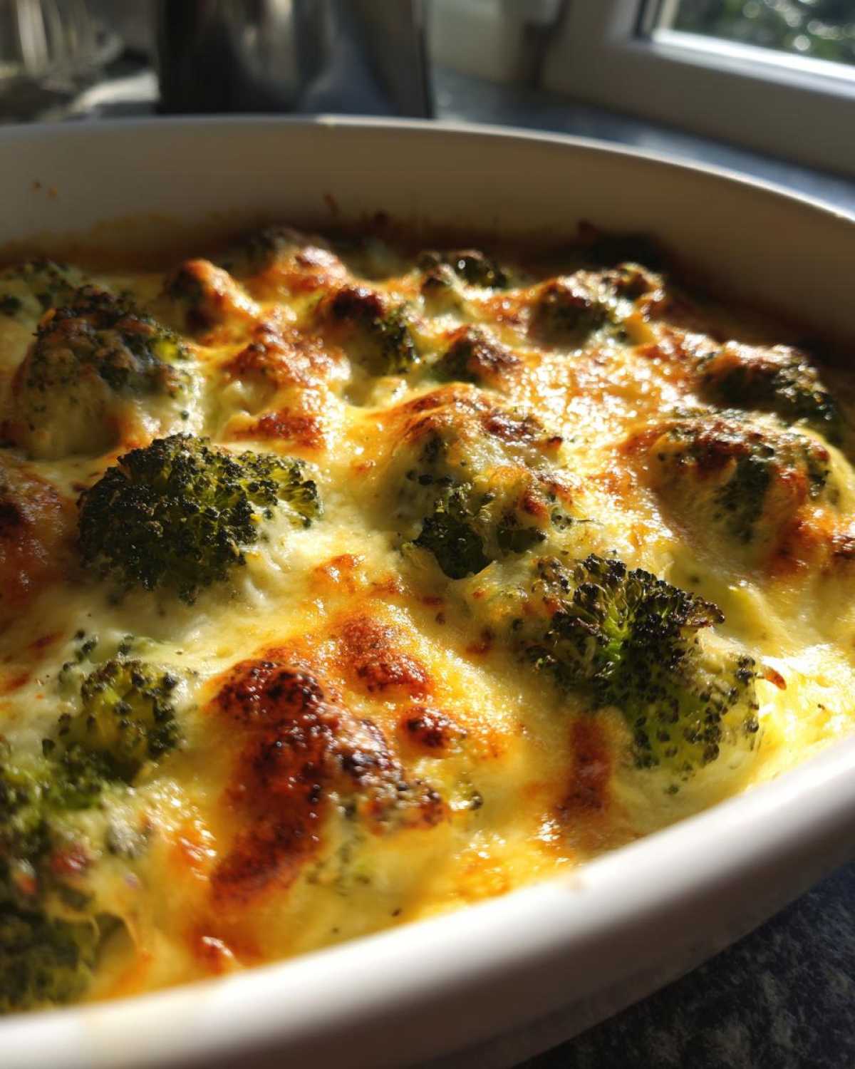 Close-up of bubbling, cheesy Keto Broccoli Au Gratin baked in a white dish.