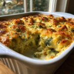 Close-up of a white baking dish filled with bubbling Keto Broccoli Au Gratin, topped with golden, melted cheese.