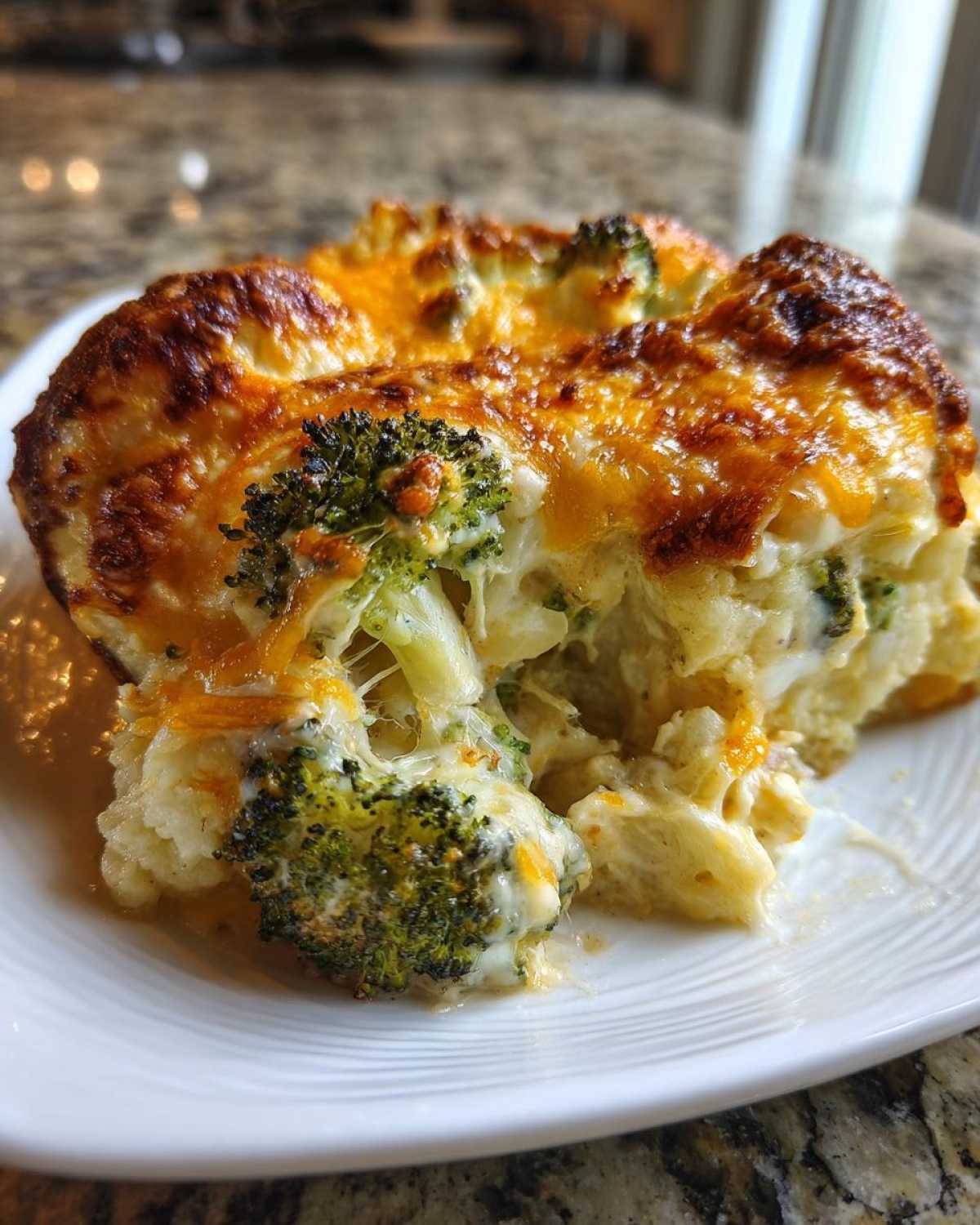 Close-up of a serving of Keto Broccoli Cauliflower Au Gratin with a golden, bubbly cheese top.