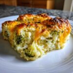 A close-up of a serving of Keto Broccoli Cauliflower Au Gratin, featuring creamy cauliflower and broccoli topped with bubbly, browned cheddar cheese.