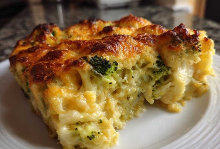 A close-up of a cheesy slice of Keto Broccoli Cauliflower Au Gratin showing melted, browned cheese and tender vegetables.