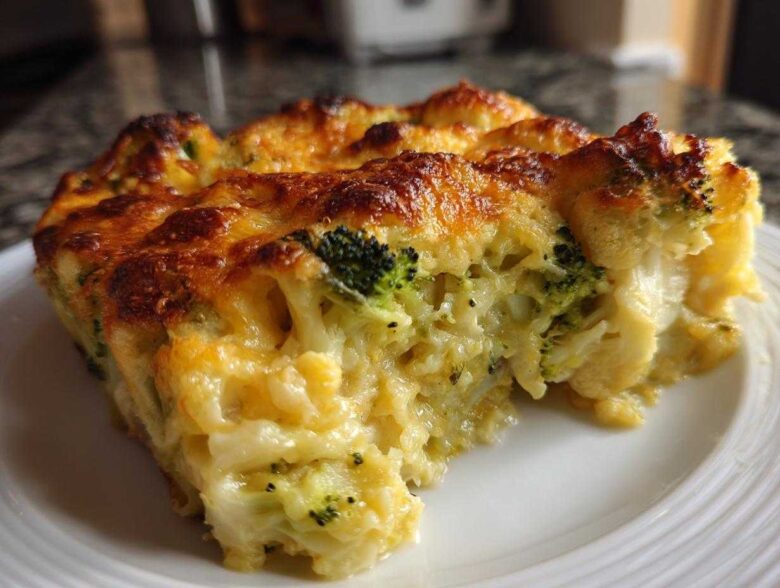 A close-up of a cheesy slice of Keto Broccoli Cauliflower Au Gratin showing melted, browned cheese and tender vegetables.