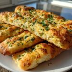 A stack of golden brown Keto Garlic Breadsticks, topped with melted butter, garlic, and fresh parsley, served on a white plate.