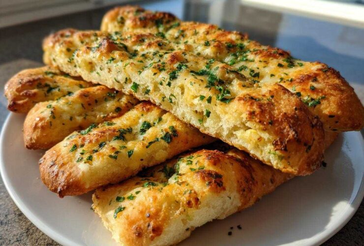 A stack of golden brown Keto Garlic Breadsticks, topped with melted butter, garlic, and fresh parsley, served on a white plate.