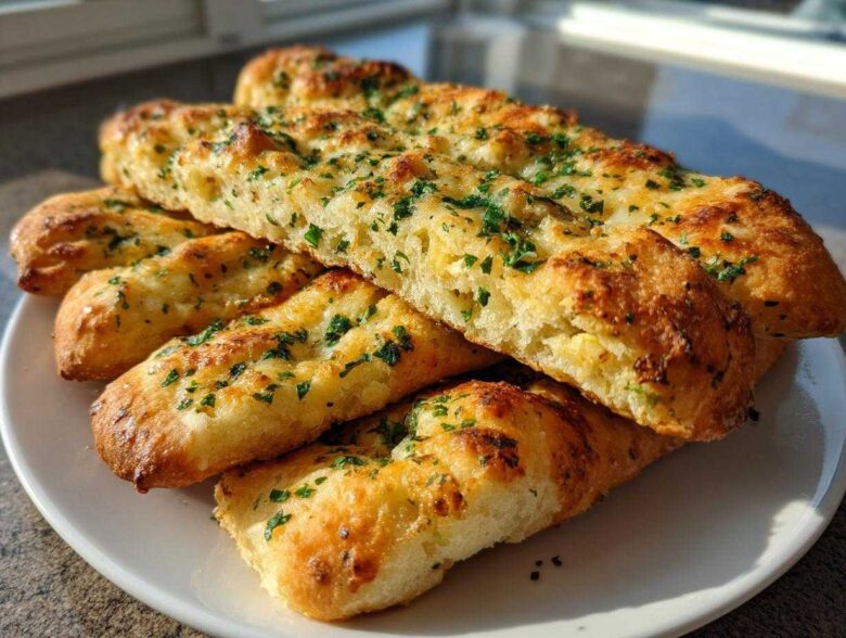 A stack of golden brown Keto Garlic Breadsticks, topped with melted butter, garlic, and fresh parsley, served on a white plate.