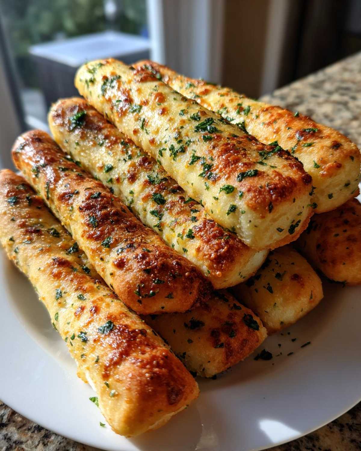 A stack of golden brown Keto Garlic Breadsticks topped with melted cheese and fresh parsley.