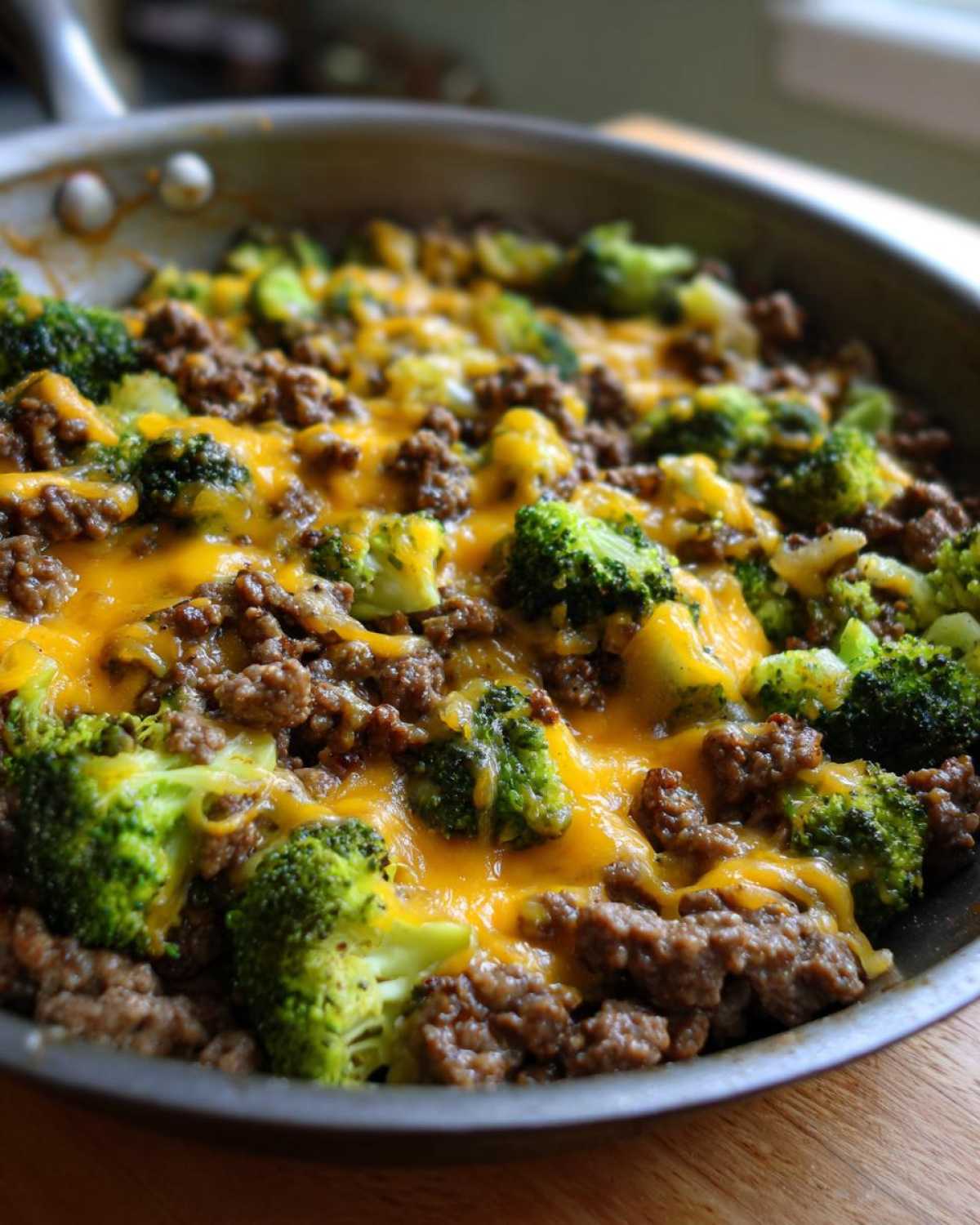 Close-up of a Keto Hamburger Broccoli Skillet featuring ground beef, bright green broccoli florets, and melted cheddar cheese.