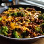 Close-up of a Keto Hamburger Broccoli Skillet featuring browned ground beef, bright green broccoli florets, and melted cheddar cheese.