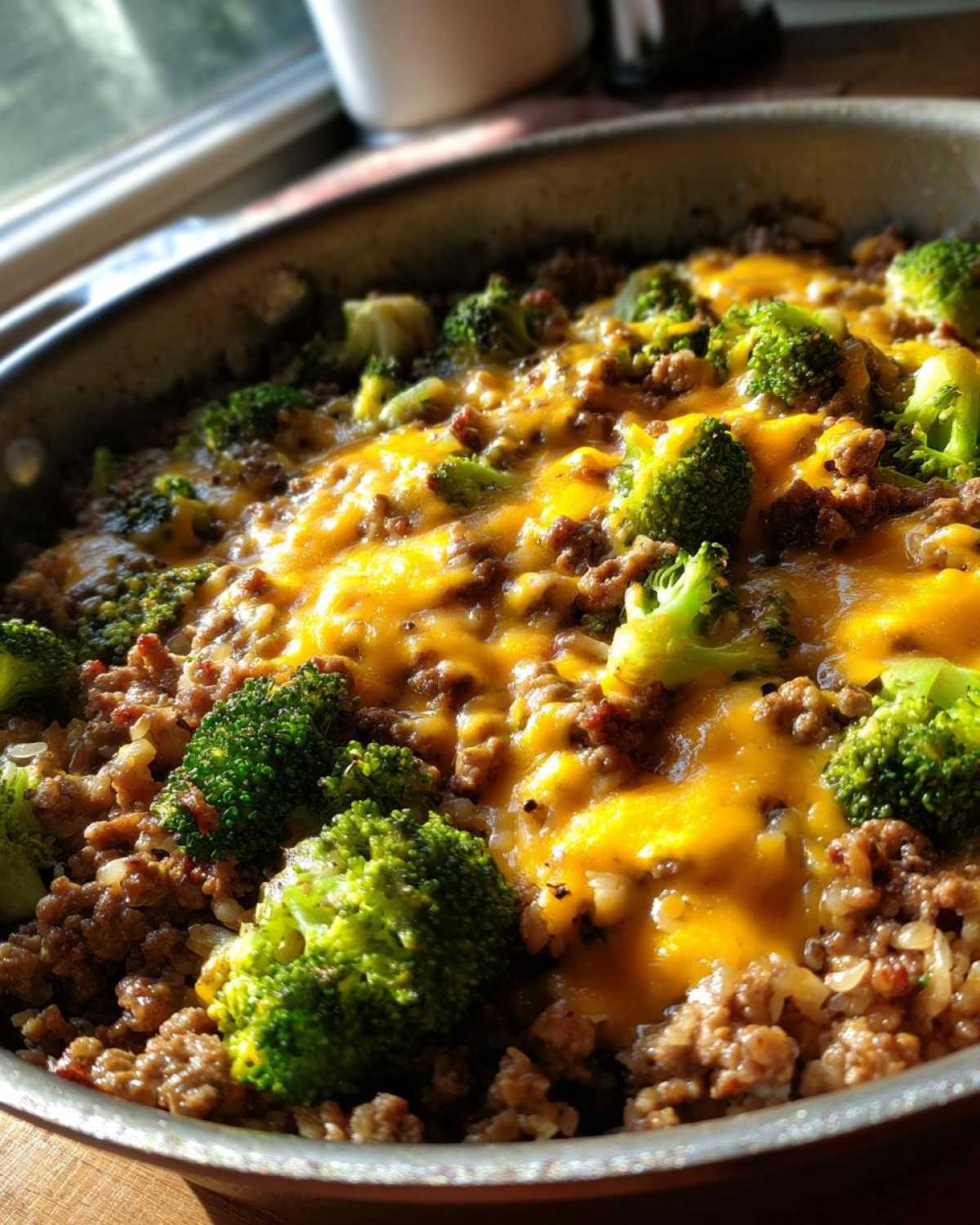 Close-up of a Keto Hamburger Broccoli Skillet with ground beef, bright green broccoli florets, and melted cheddar cheese.
