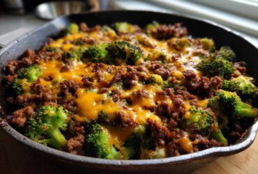 Close-up of a Keto Hamburger Broccoli Skillet featuring browned ground beef, bright green broccoli florets, and melted cheddar cheese.