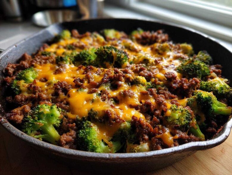 Close-up of a Keto Hamburger Broccoli Skillet featuring browned ground beef, bright green broccoli florets, and melted cheddar cheese.