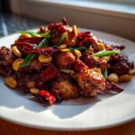 A close-up of Keto Kung Pao Chicken served on a white plate, featuring glossy chicken pieces, dried red chilies, and peanuts.
