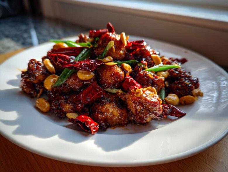 A close-up of Keto Kung Pao Chicken served on a white plate, featuring glossy chicken pieces, dried red chilies, and peanuts.