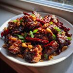 Close-up of glistening Keto Kung Pao Chicken pieces garnished with red chilies, peanuts, and green onions.