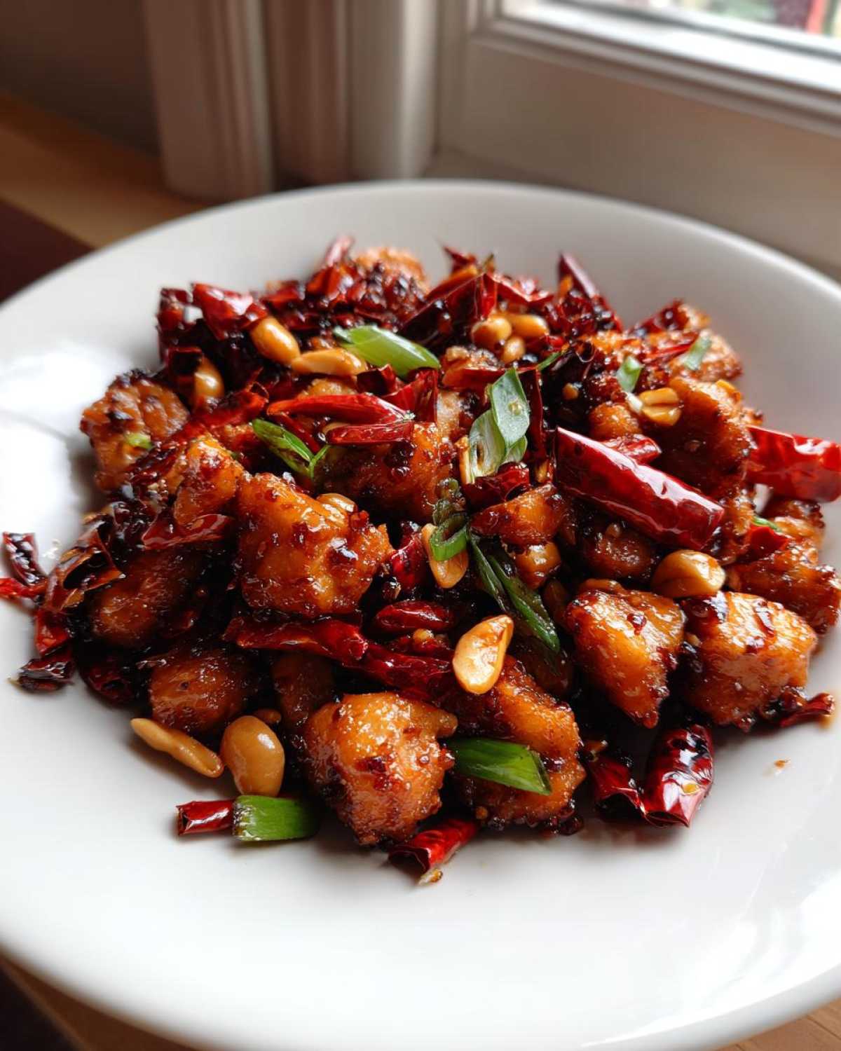 Close-up of spicy Keto Kung Pao Chicken pieces mixed with dried red chilies and peanuts in a white bowl.