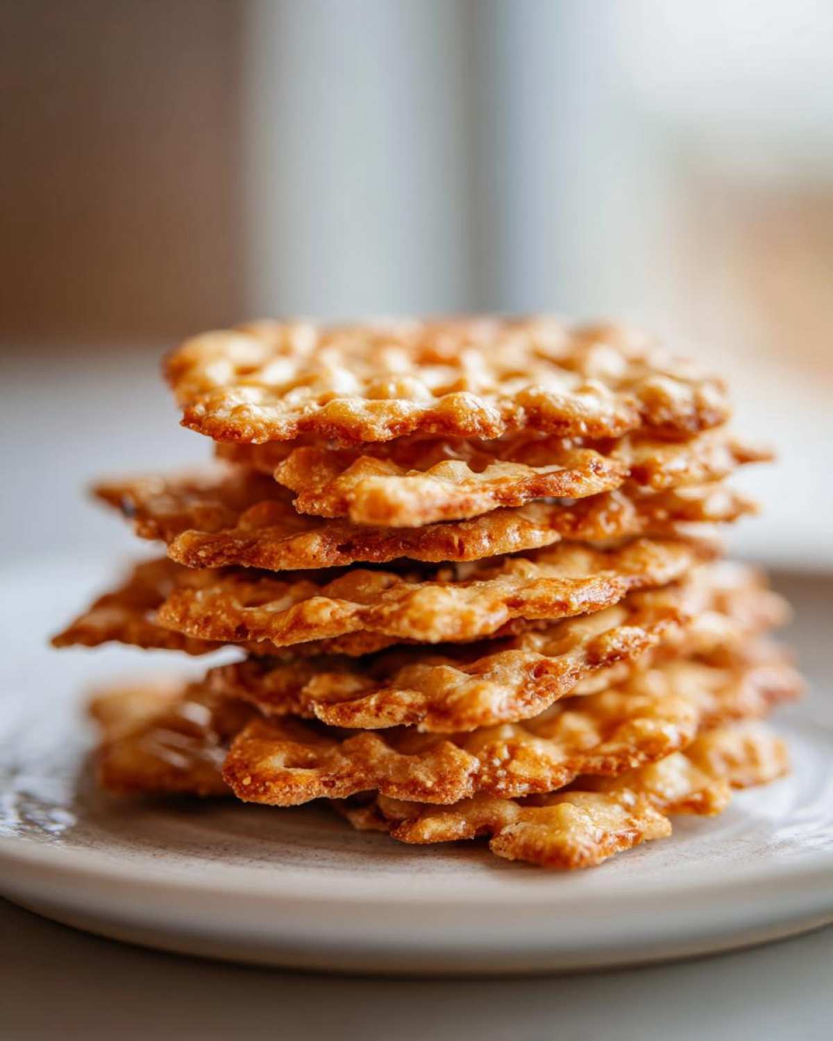 A tall stack of golden brown, crispy Keto Sour Cream Crackers resting on a light-colored plate.