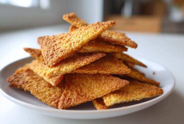 A close-up stack of golden brown, triangular Keto Sour Cream Crackers piled high on a white plate.
