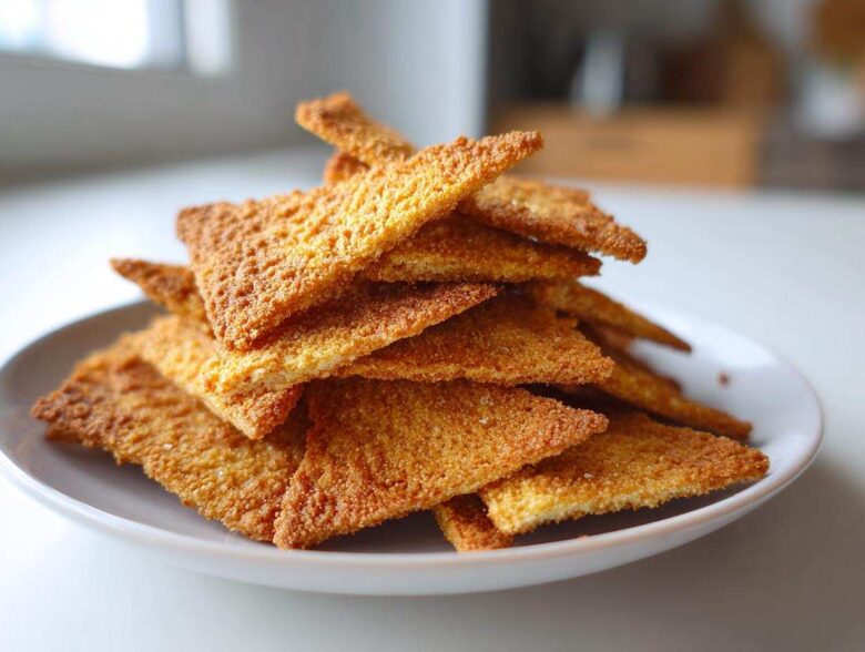 A close-up stack of golden brown, triangular Keto Sour Cream Crackers piled high on a white plate.