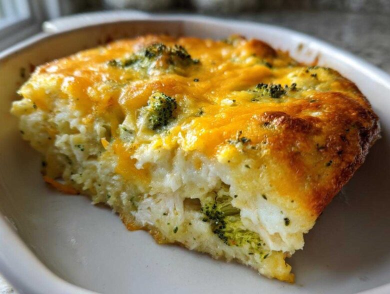 A close-up slice of Low Carb Chicken Casserole featuring shredded chicken, broccoli, and a golden melted cheddar cheese topping.