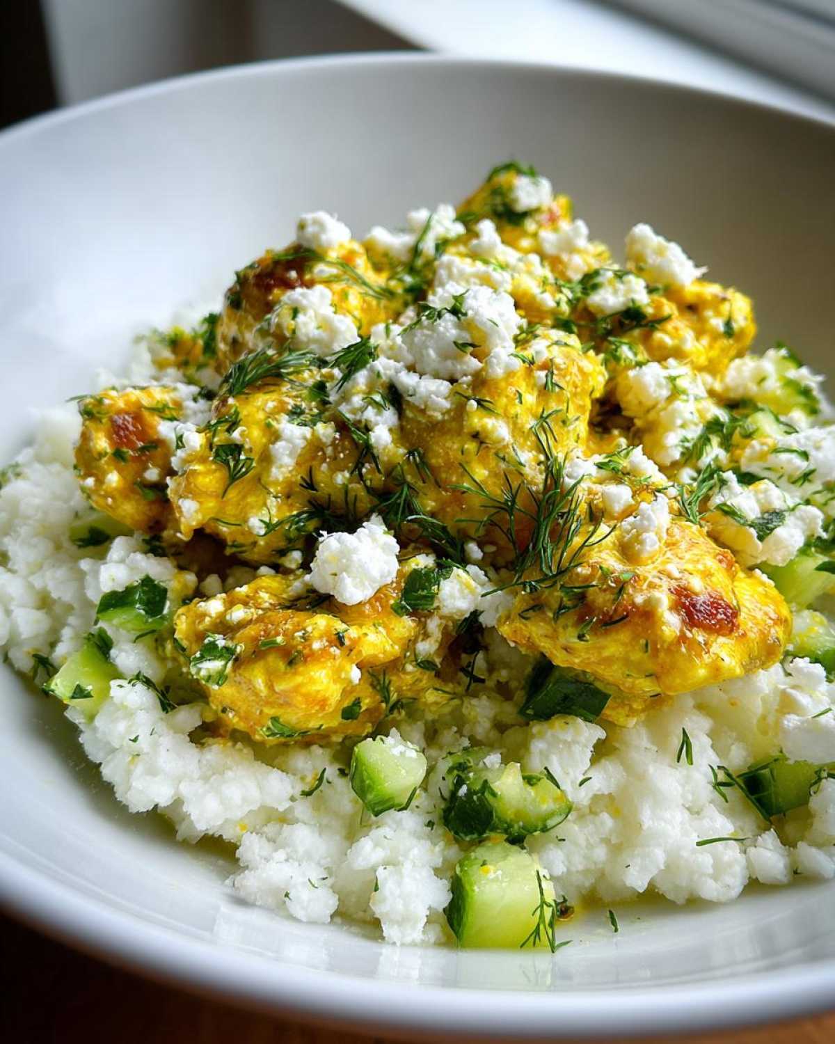 Close-up of a Low Carb Lemon Dill Chicken Bowl featuring yellow seasoned chicken, crumbled feta, fresh dill, and cauliflower rice base.