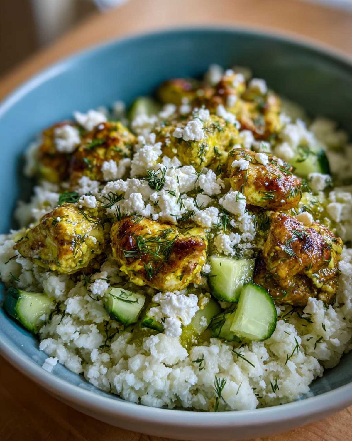 Close-up of a Low Carb Lemon Dill Chicken Bowl featuring turmeric-seasoned chicken, cauliflower rice, cucumber, and crumbled feta cheese.