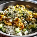 Close-up of a Low Carb Lemon Dill Chicken Bowl featuring seasoned chicken, cauliflower rice, cucumber, and crumbled feta cheese.