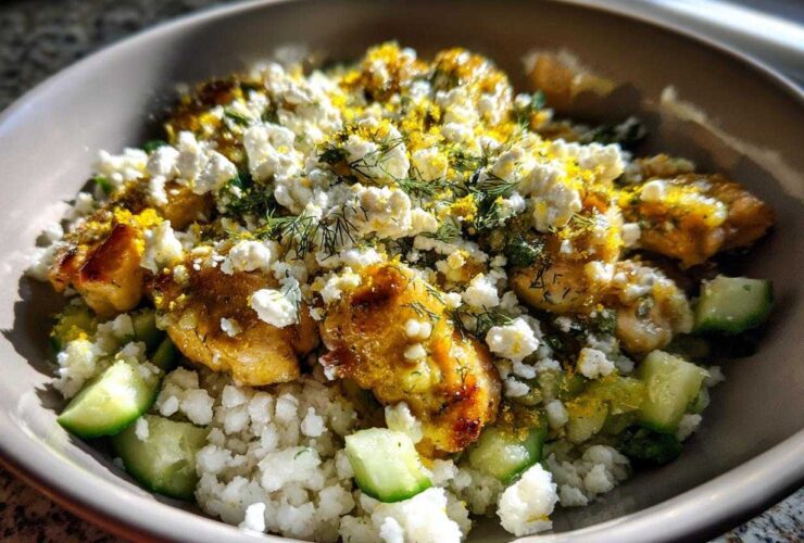 Close-up of a Low Carb Lemon Dill Chicken Bowl featuring seasoned chicken, cauliflower rice, cucumber, and crumbled feta cheese.