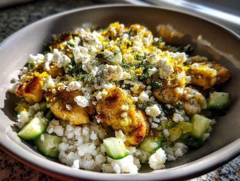 Close-up of a Low Carb Lemon Dill Chicken Bowl featuring seasoned chicken, cauliflower rice, cucumber, and crumbled feta cheese.