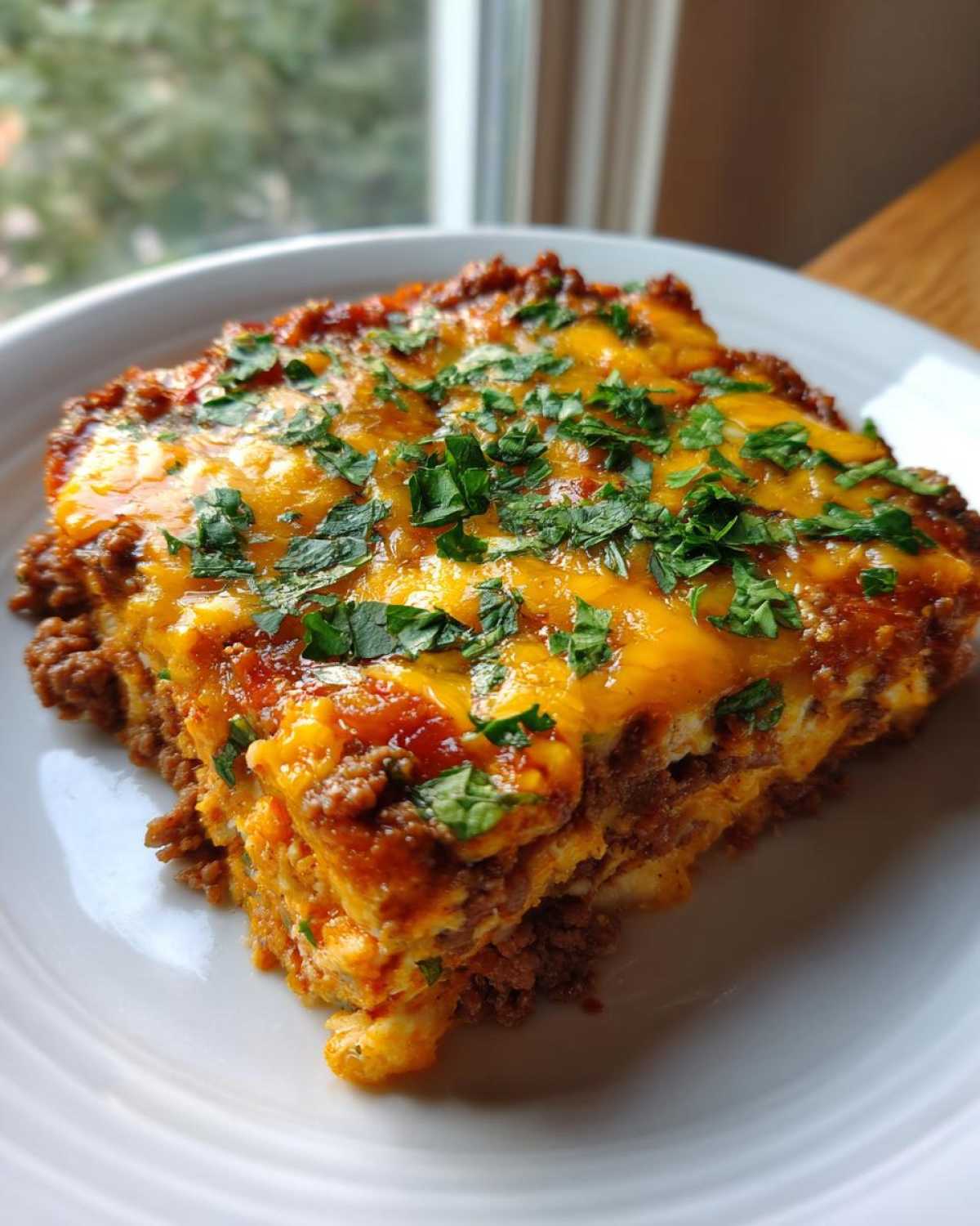 A generous slice of Low Carb Taco Casserole featuring layers of seasoned meat, creamy filling, and melted cheddar cheese, topped with fresh cilantro.