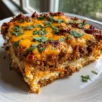 A close-up serving of Low Carb Taco Casserole featuring layers of seasoned meat, white filling, and melted cheddar cheese, topped with cilantro.