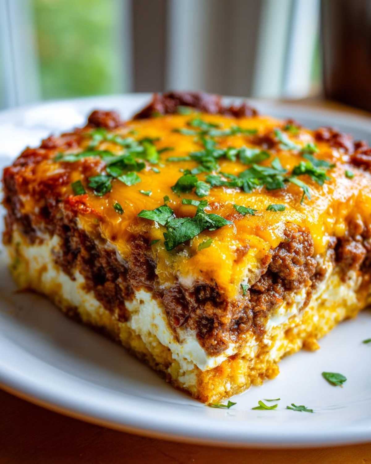 A square slice of Low Carb Taco Casserole layered with meat, cream cheese, and topped with melted cheddar and fresh cilantro.