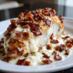 A juicy chicken breast topped with melted cheese and crispy bacon bits, part of the Malibu Chicken Cheesy Bacon Chicken recipe.