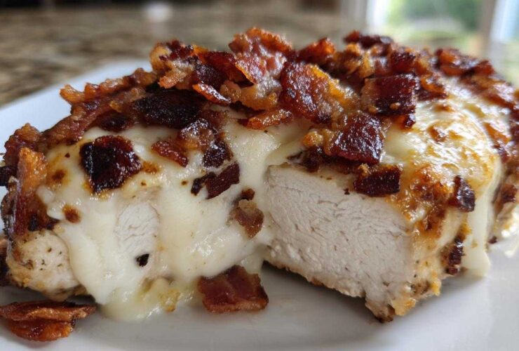 Close-up of Malibu Chicken Cheesy Bacon Chicken showing melted cheese and crispy bacon topping over moist chicken breast.