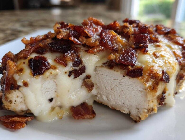 Close-up of Malibu Chicken Cheesy Bacon Chicken showing melted cheese and crispy bacon topping over moist chicken breast.