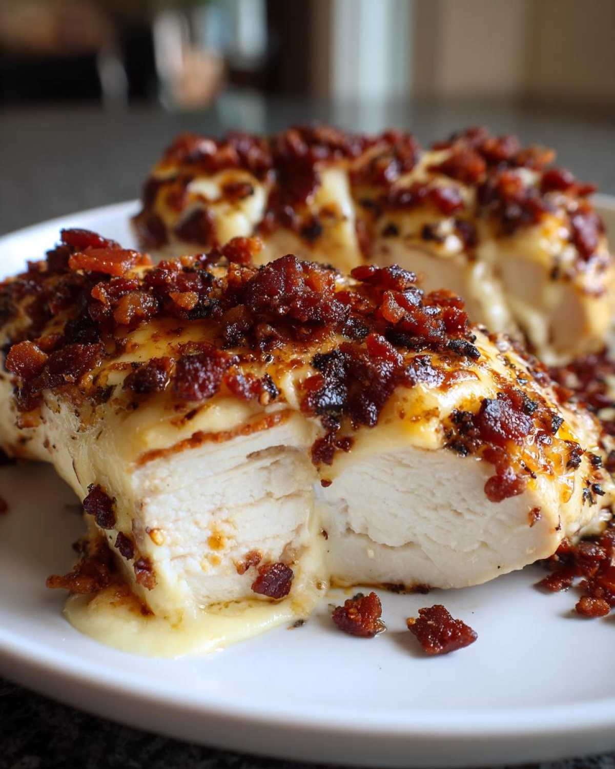 A cross-section view of juicy Malibu Chicken Cheesy Bacon Chicken showing melted cheese oozing out and topped with crispy bacon bits.