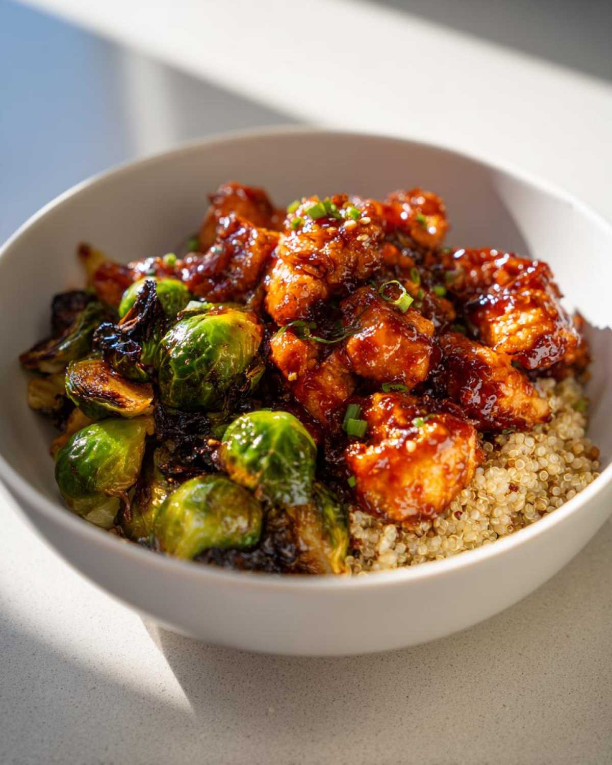 Close-up of a Maple Dijon Chicken Bowl featuring glazed chicken pieces, roasted Brussels sprouts, and quinoa.