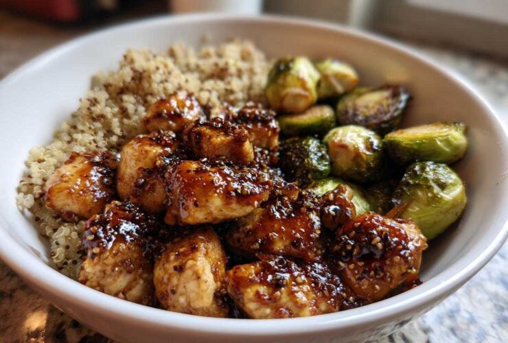 Close-up of a Maple Dijon Chicken Bowl featuring glazed chicken pieces, quinoa, and roasted Brussels sprouts in a white bowl.