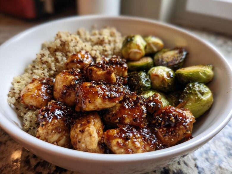 Close-up of a Maple Dijon Chicken Bowl featuring glazed chicken pieces, quinoa, and roasted Brussels sprouts in a white bowl.