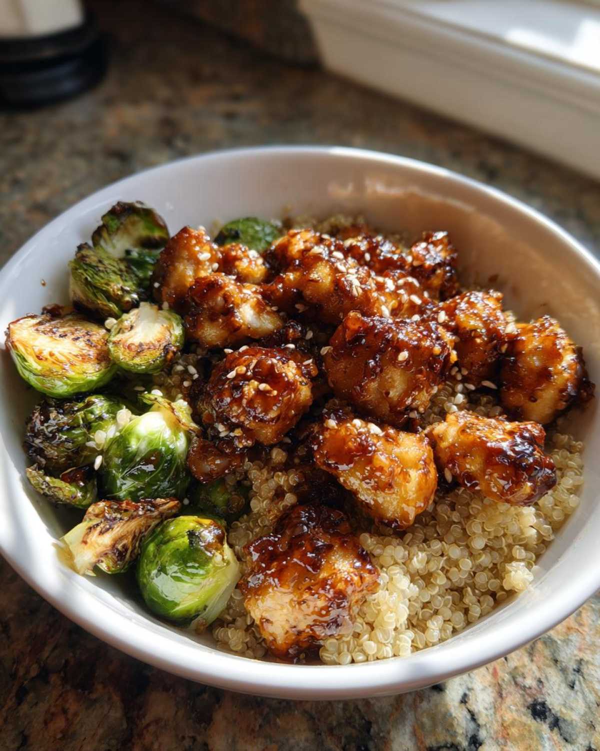 Close-up of a Maple Dijon Chicken Bowl featuring glazed chicken pieces, roasted Brussels sprouts, and a bed of quinoa.