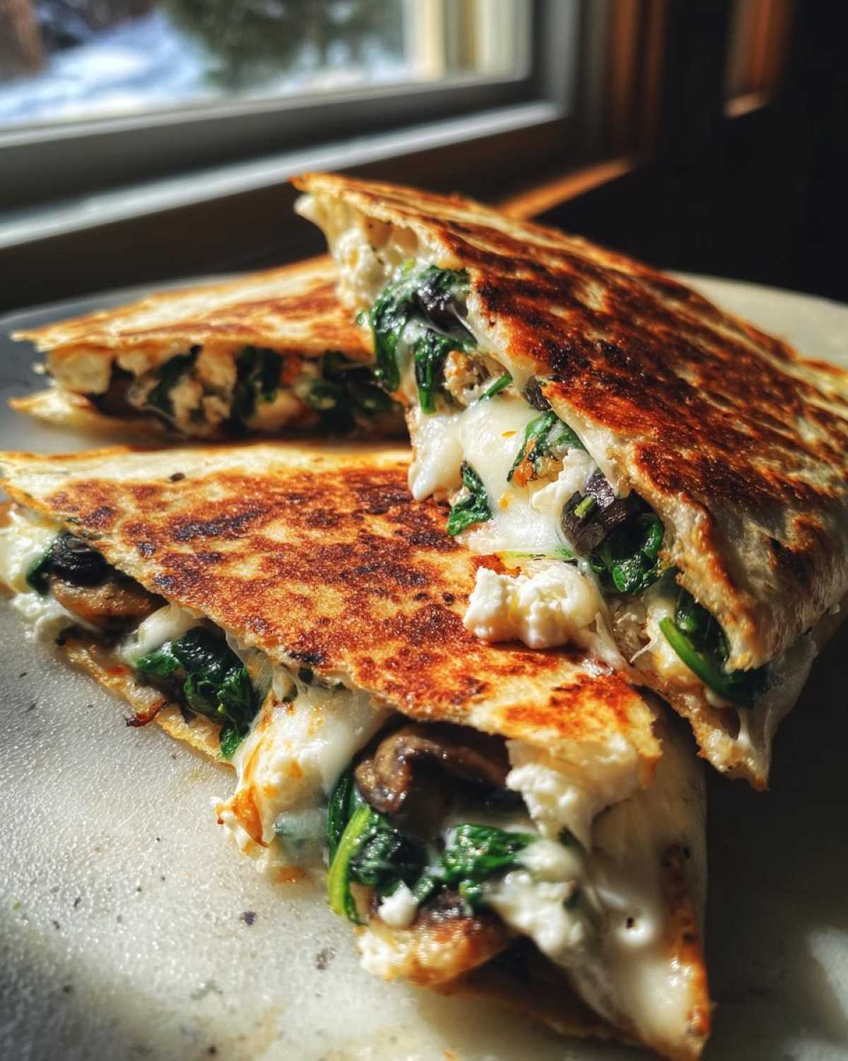 Close-up of golden-brown Mediterranean Quesadillas cut into wedges, showing melted cheese, spinach, and mushrooms spilling out.